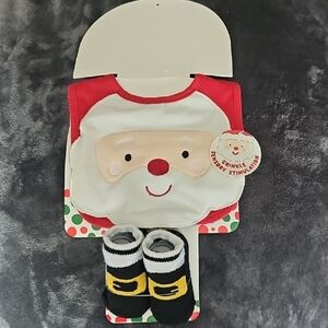 Little Me White and Red Santa Face Baby Bib with Black and Yellow Bootie Socks